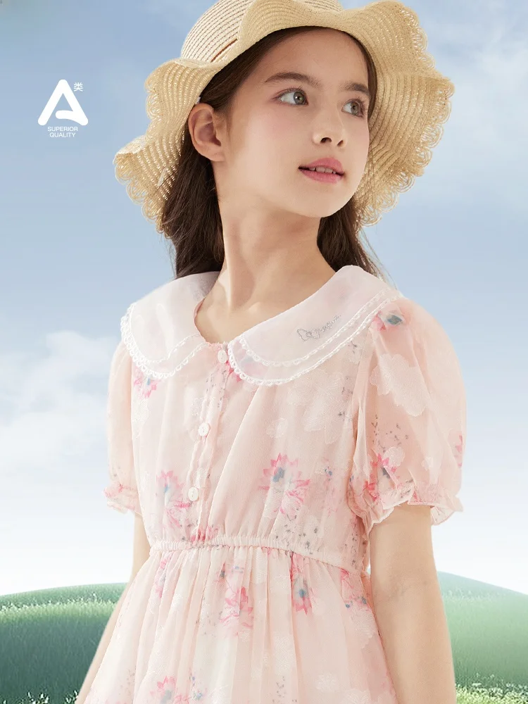 プリンセススタイルガールズドレス夏新薄型ワンピースロングスカート子供服ポリエステル繊維カジュアル花柄スカート