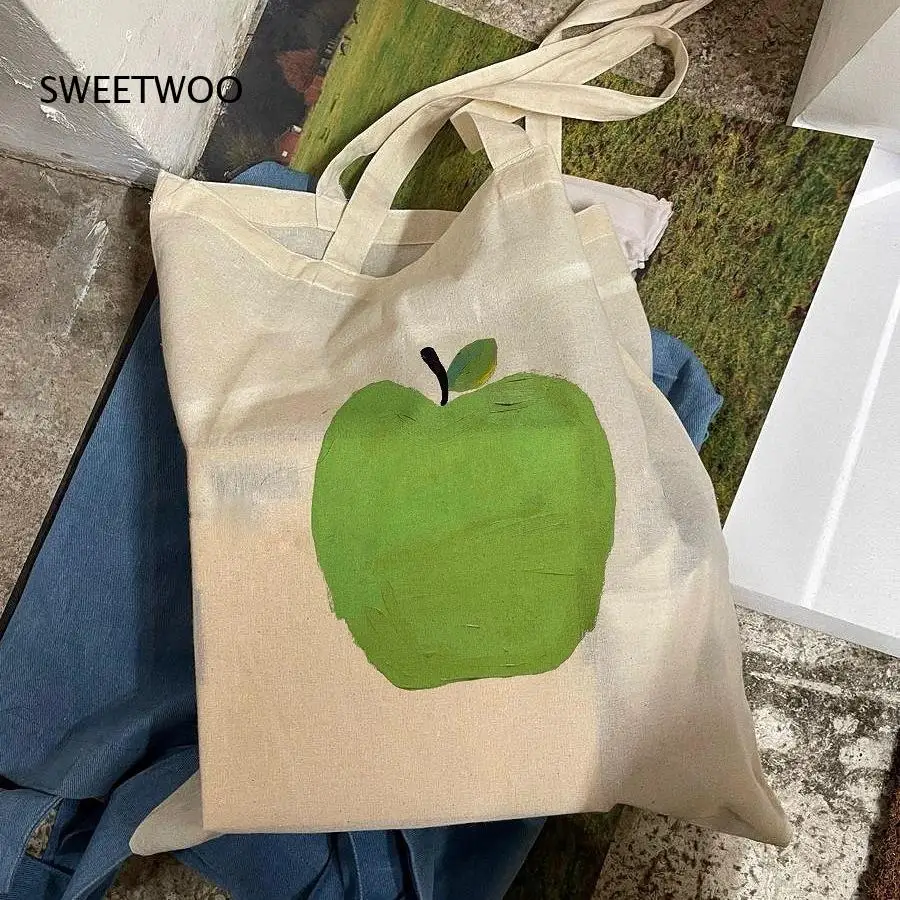 2026 Apple Print Canvas Tote Bag Large Capacity Shoulder Bag Student School Daily Bag