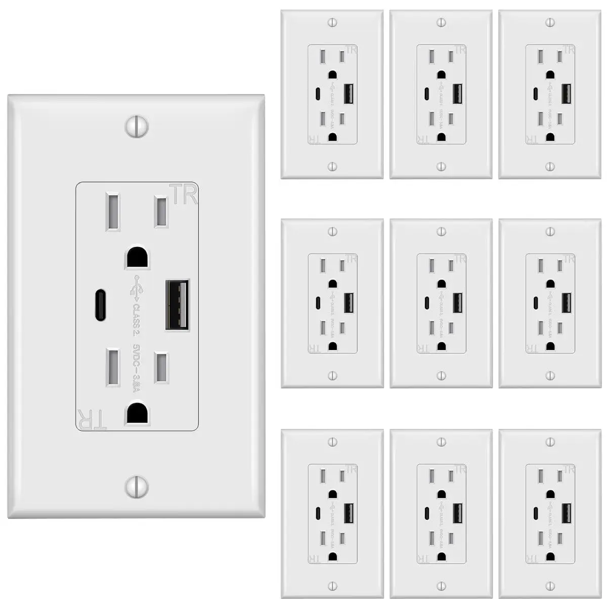 USB Outlet C Outlets Receptacles,  15A Tamper Resistant Receptacle, Charging for iPhone, Samsung  Android Devices,White, 10 Pack