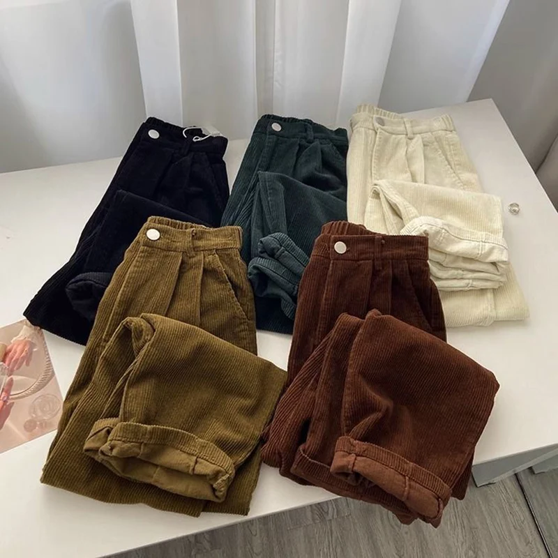 

Vintage Spring Women Corduroy Pants High Waist Causal Solid Korean Loose Female Black Office Ladies Trousers New