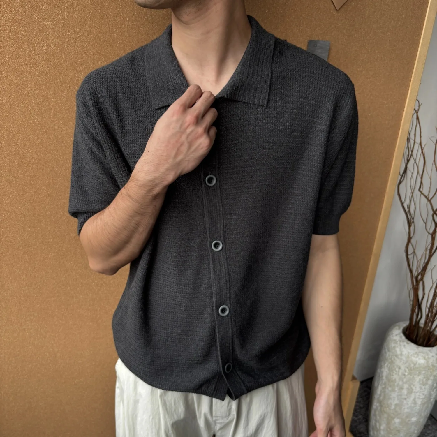 Men's Loose Casual Turn Down Collar Short Sleeve Waffle Knit utton Placket Trendy Versatile Breathable Skin Friendly Polo Shirt