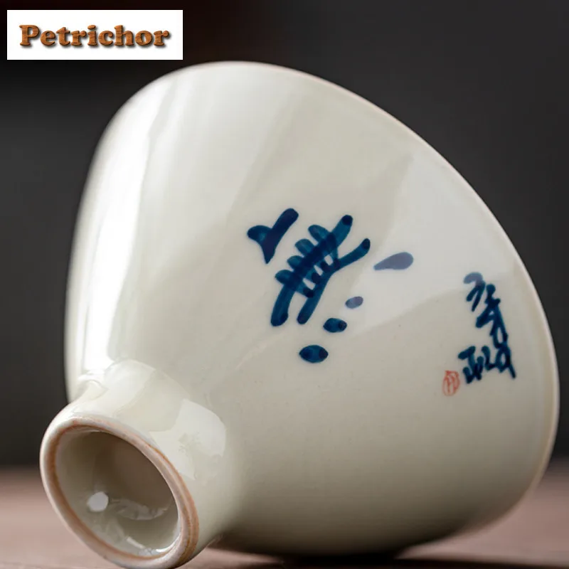 2 قطعة/الوحدة مكتوبة بخط اليد الأزرق والأبيض الخيزران قبعة فنجان الشاي خمر وعاء إبريق الشاي تذوق رائحة كوب Jianzhan ماستر أكواب تشا 70 مللي #5