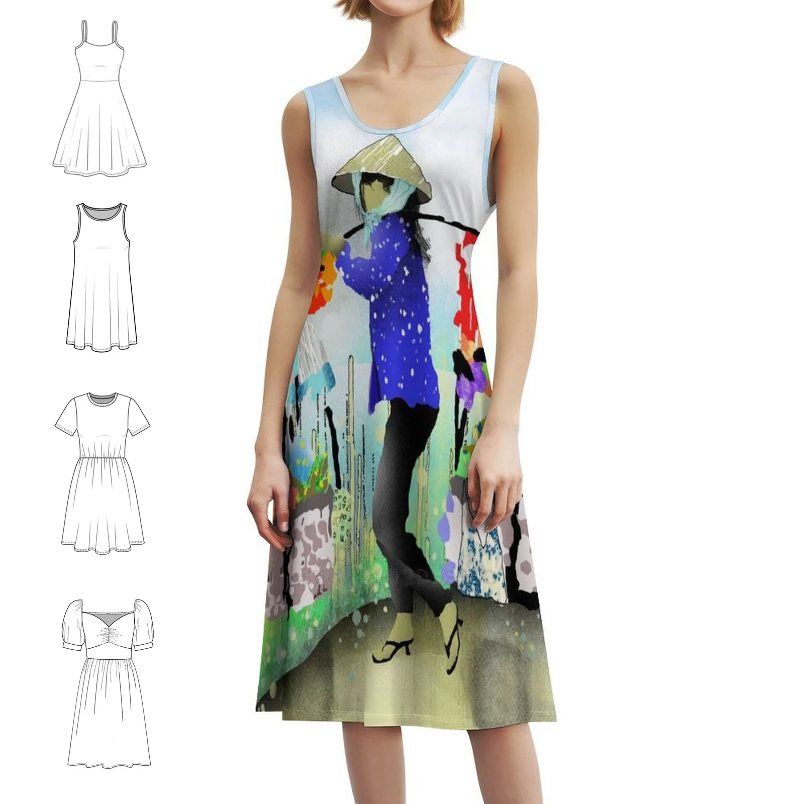 فيتنام فستان سموك الأزهار للنساء الربيع الصيف فستان كاجوال للحزب النساء البندول السوق بيع فستان فيتنام للفتيات