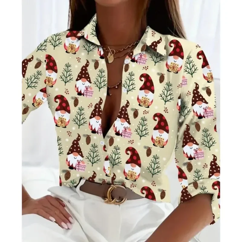 Elegant Christmas Party Tops Women's Long Sleeve Shirts Casual Commuting Style Christmas Halloween Print Patterns Ladies Shirt