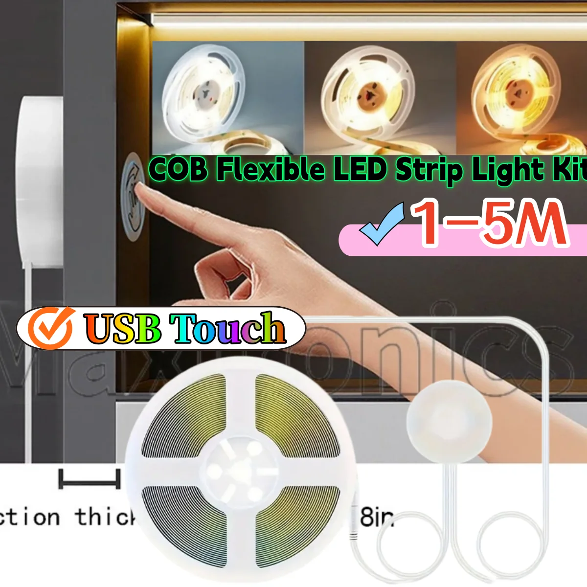 

1-5M Warm White/White 5V COB Flexible LED Strip Light Kit USB Touch Monochrome 10mm 608led/M for Atmosphere Home Cabinet Lights
