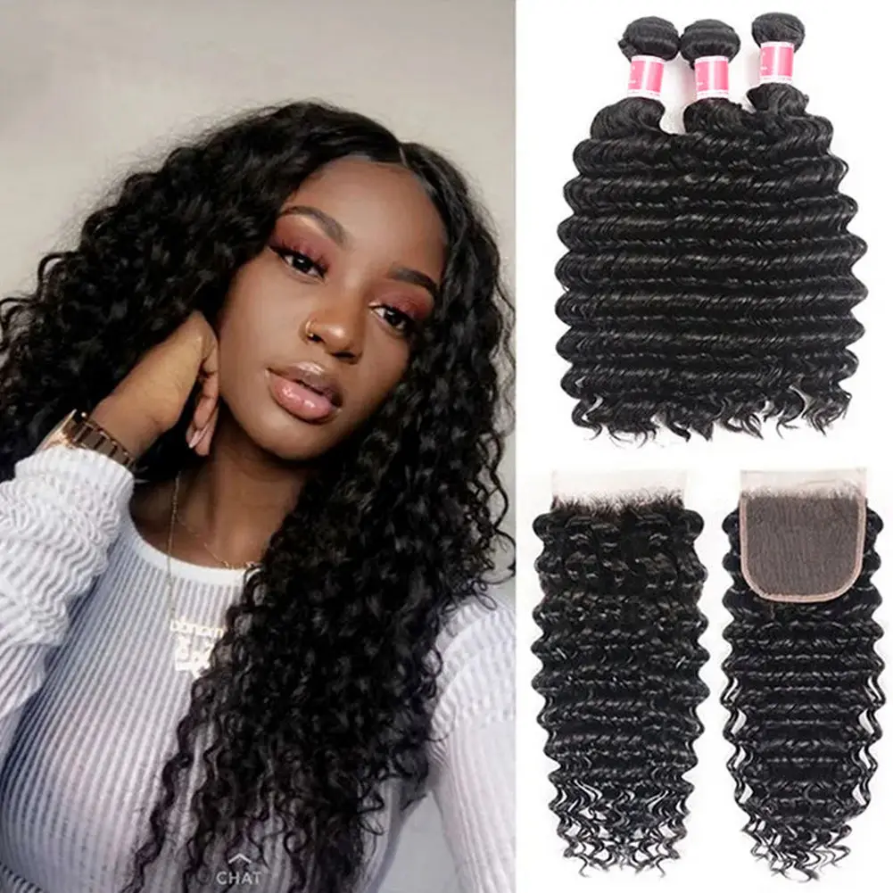 Brazilian Deep Wave 3 Bundles with Closure Deals Human Hair Bundles with Closure Nature Color