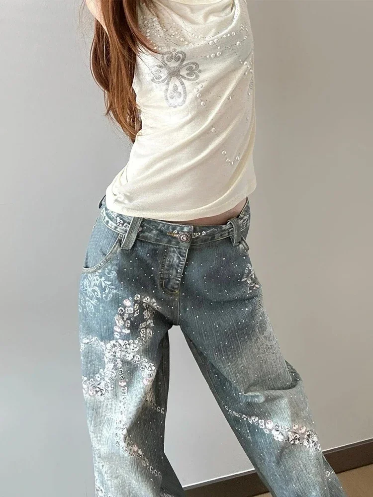 

2025 Autumn Women Vintage Baggy Print Jean Y2K Streetwear Harajuku Flare Denim Pants Grunge High Street 2000s Trousers