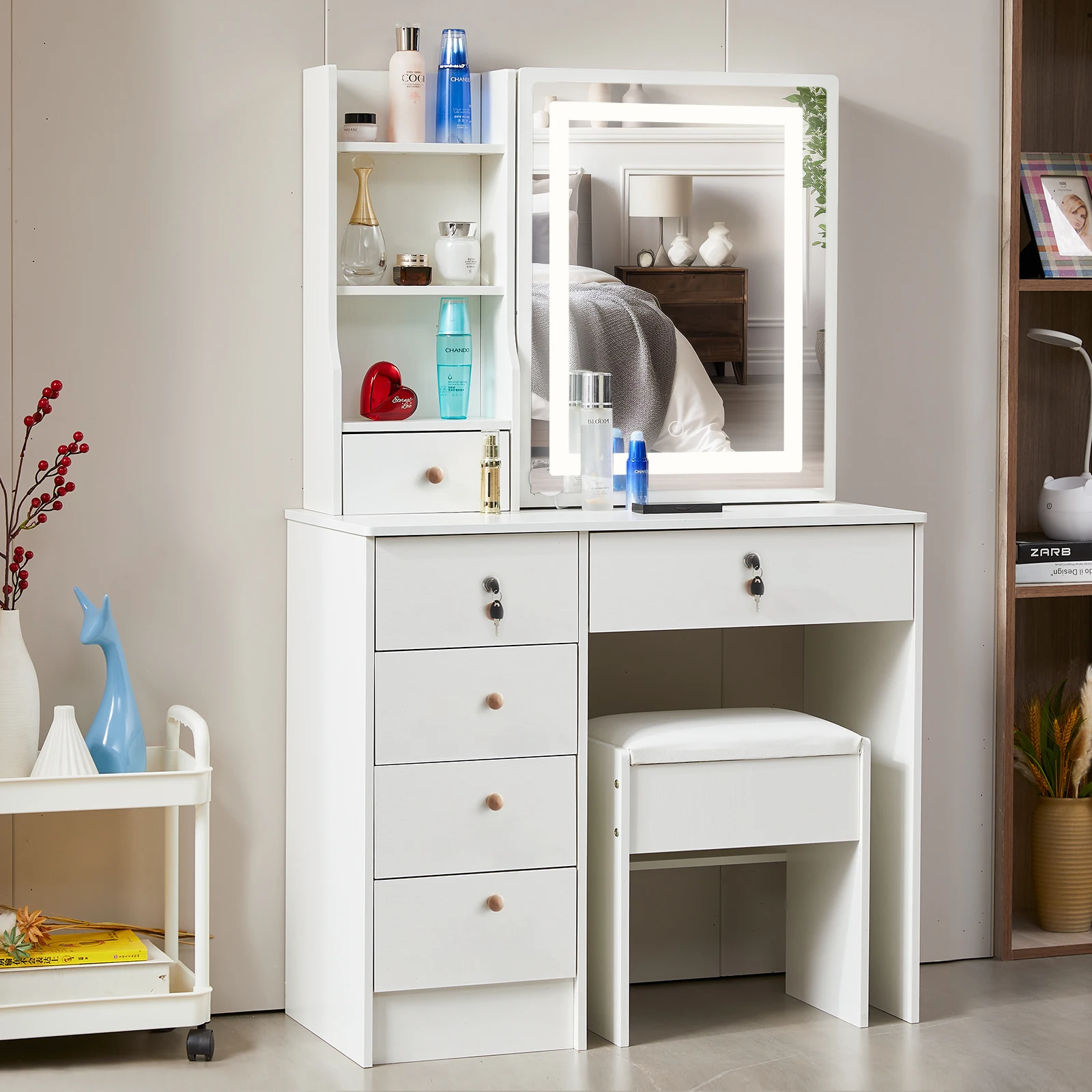 مرآة طاولة الغرور مع أضواء البراز مجموعة ماكياج مكتب منظم مضمد مخزون المملكة المتحدة #5