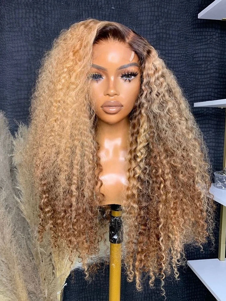 Ombre Honey Blonde Highlight Wig Human hair 4*4 13*4 13X6 Transparent Kinky Curly Lace Front Wigs with Brown Roots view 2