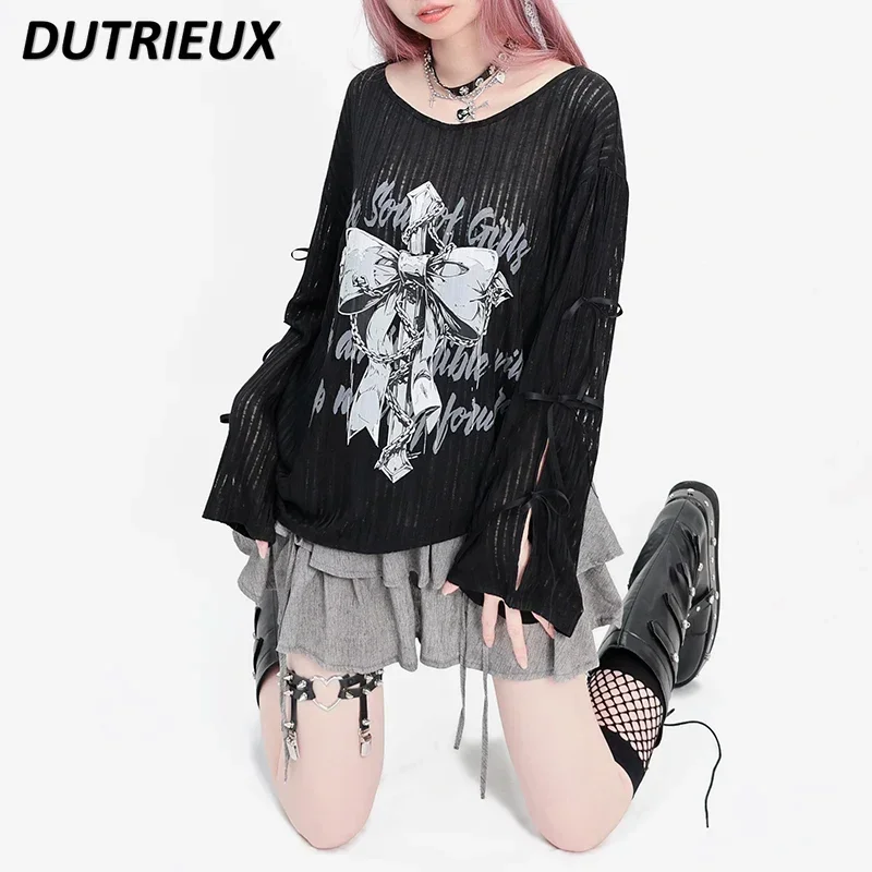 Spring and Autumn New Hollow Loose All-matcging Top Sweet Cool Gown Sunscreen New Thin T Shirt Lace-up Long Sleeve T-Shirt