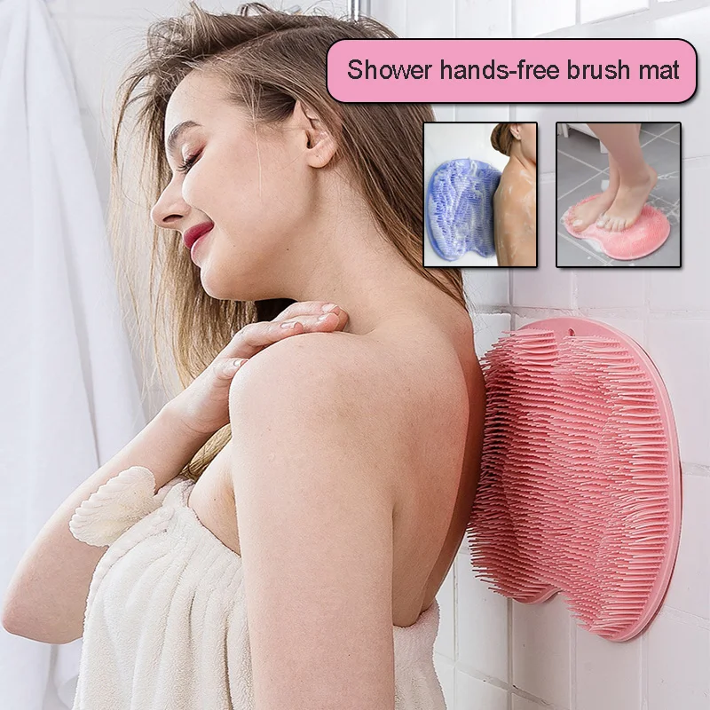 Shower Back Body Soft Glue Brush Suction On Wall Bathroom Scraper Non-Slip Foot Massage Mat Hands-Free Exfoliating Tool