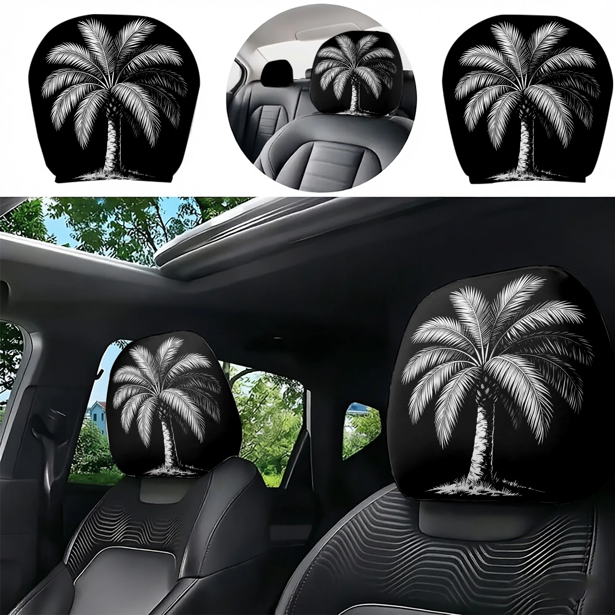 2pcs car headrest covers with a palm tree design, bringing a tropical vibe to your car’s interior. Does not include filling. Eas
