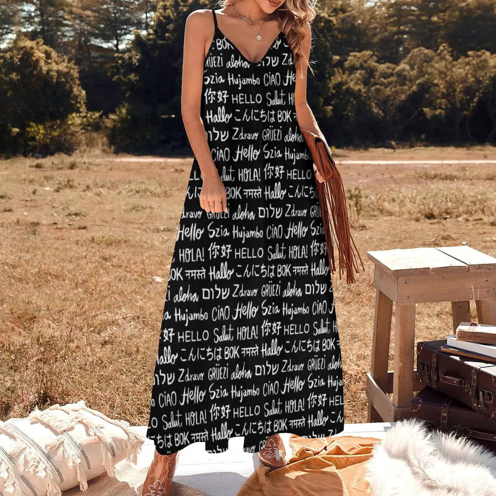 Hello Word Pattern In Different Languages white Sleeveless Dress Elegant gowns Women long dress