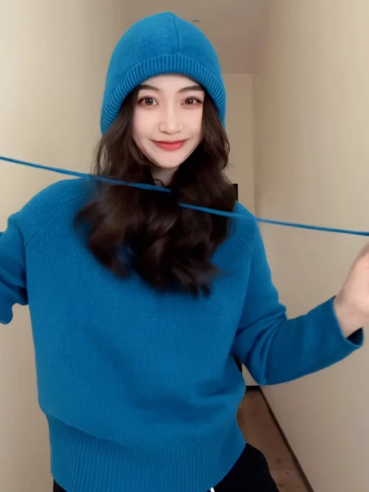 

Korean Sle Blue Dstring Hoodie Women's Autumn Winter Soft Cozy Knitted Sweater Slimming Top Faionable Versatile