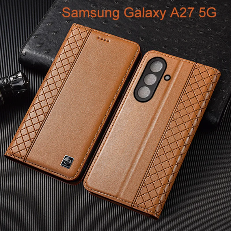

Napa Inner Grid Genuine Leather Flip Case For Samsung Galaxy A27 Phone Cover Card Cases Scratch Proof