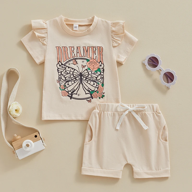 

KMBANGI Toddler Baby Girl Summer Outfit Butterfly Letter Print Ruffle Short Sleeve Crew Neck T-Shirts Shorts 2PCS Set