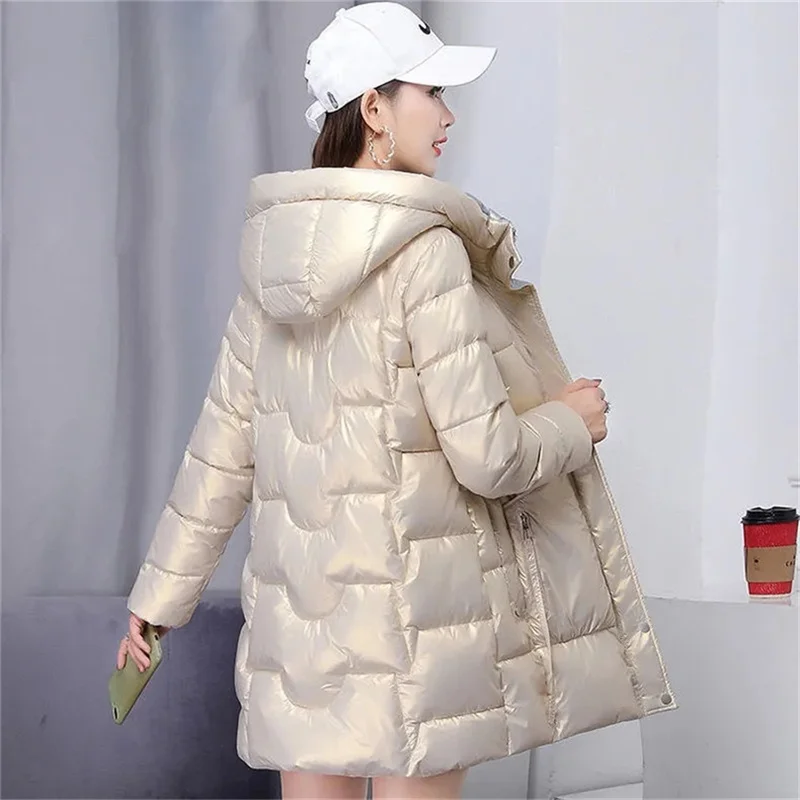 

Glossy down padded jacket women's 2022 new winter parka mid-long Cotton jacket zipper hooded loose Parka Korean hooded Outcoat