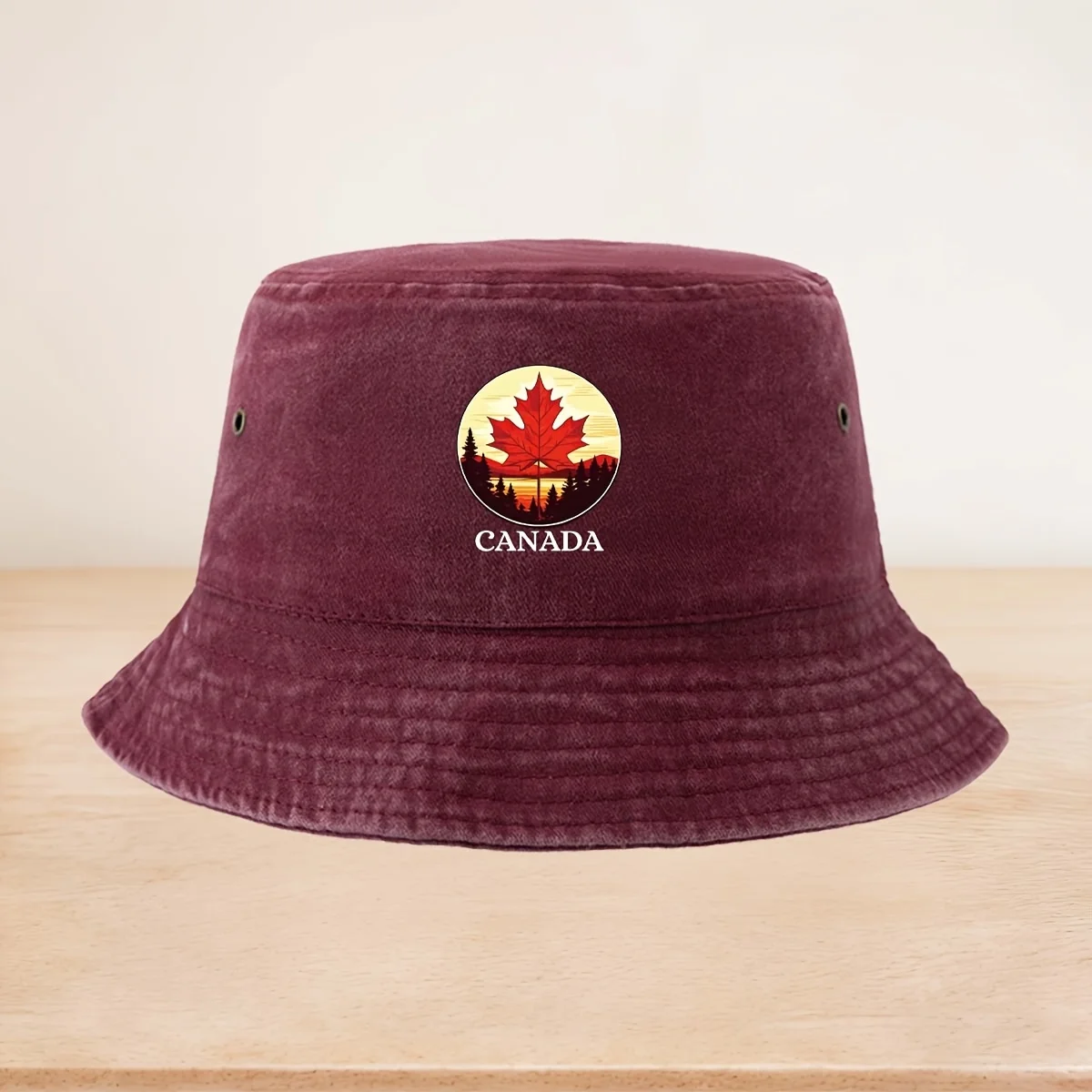 A High-quality Bucket Hat Featuring a Canadian Maple Leaf Print, Offering a  Casual Style. This Comfortable Trucker Fisherman Ha
