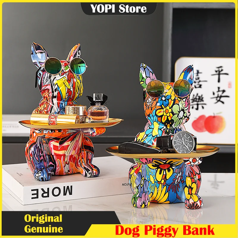 

French Bulldog Tray Decor Dog Statue Piggy Bank Resin Animal Sculpture Luxury Home Decoration Craft Dog Figurine Table Ornaments