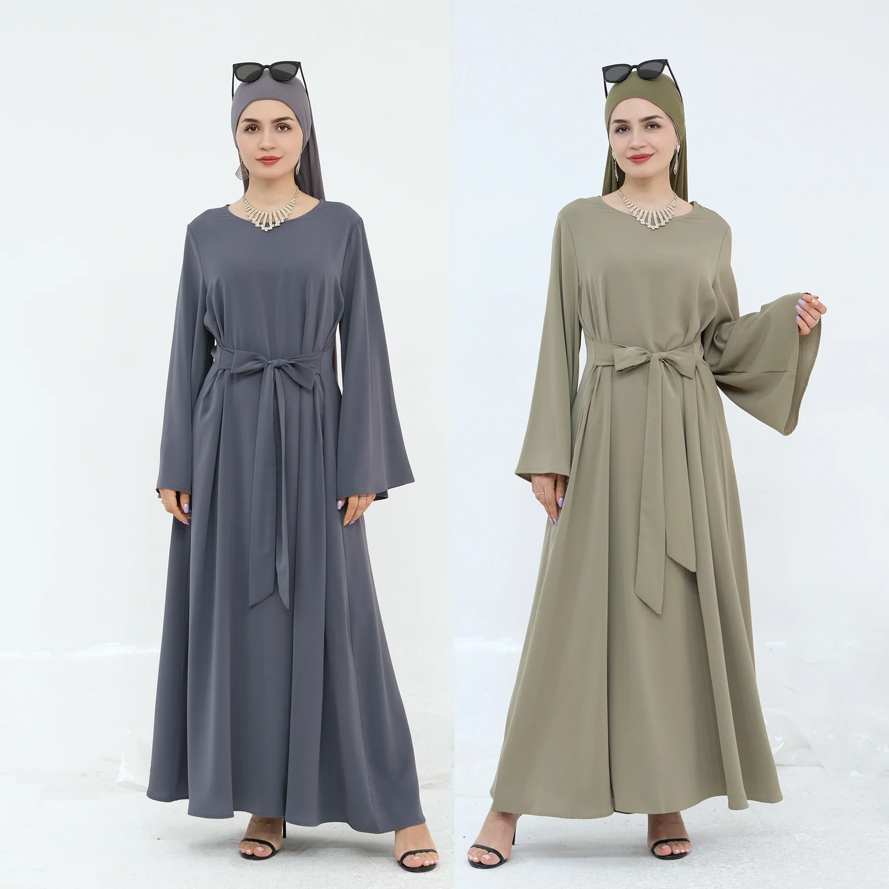 

Ramadan Women Muslim Maxi Dress Belted Robe Dubai Abaya Turkey Kaftan Eid Djellaba Islam Clothing Saudi Arabic Robe Caftan Gown