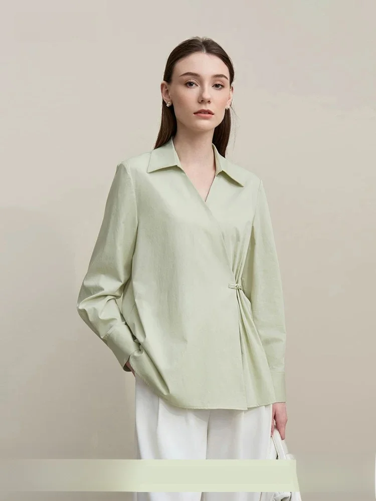 

Удобная женская блузка из хлопка в китайском стиле, новинка весенней коллекции, с отложным воротником, на пуговицах, с длинными рукавами, стандартный крой