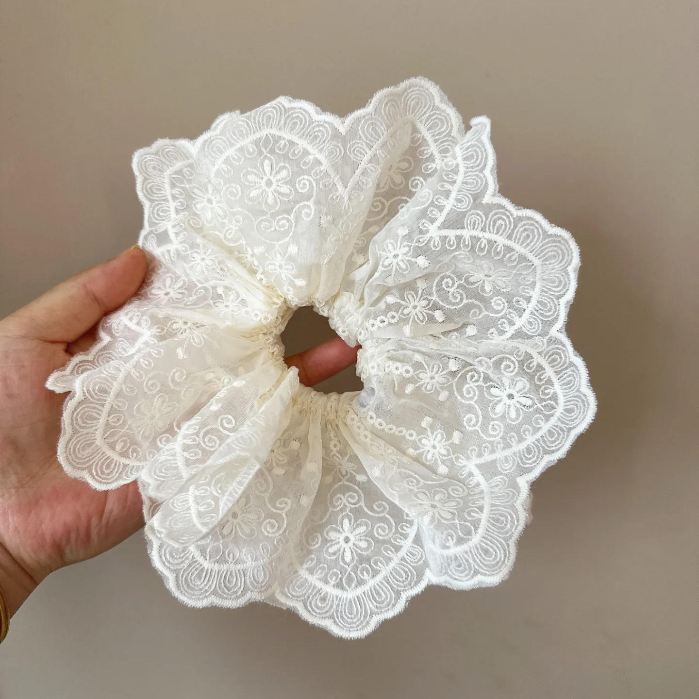 

Soft Large Beige Lace Scrunchie for Messy Bun Elastic Hair Tie Women Casual Elegant Lightweight Portable Daily Use
