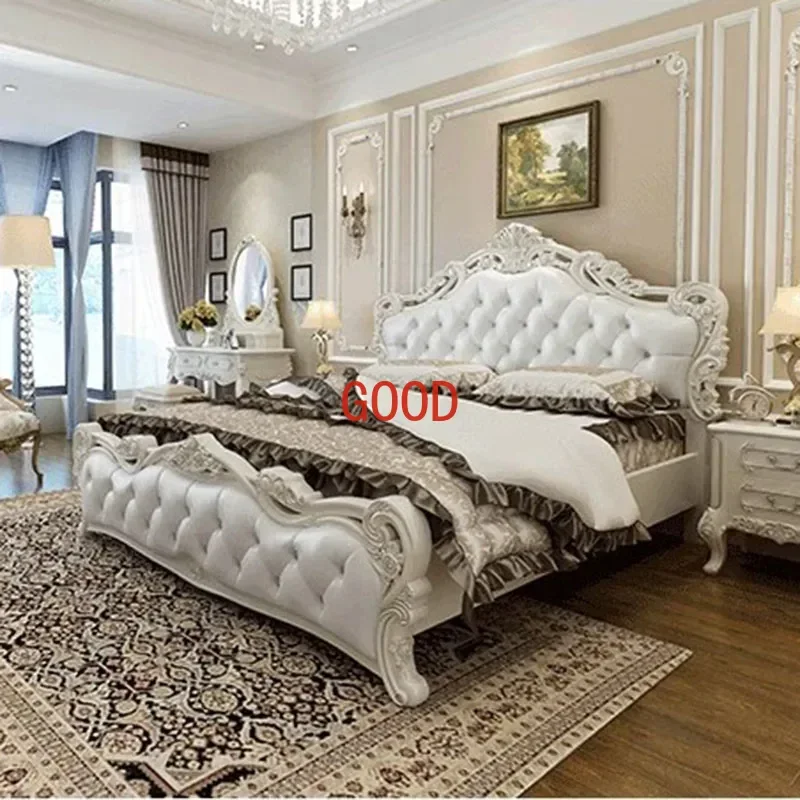 Modern European Double Bed White Villa Glamorous Wood Luxury Twin Bed Frame Headboard Design Cama Box Casal Home Furniture