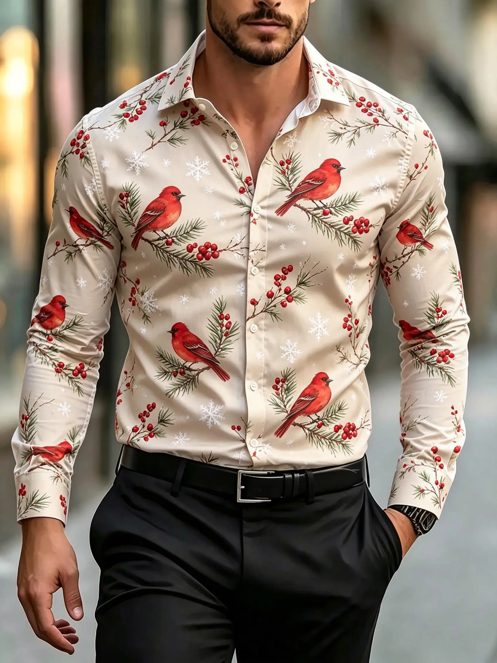 2026 Men's Long Sleeve Shirt Christmas Fox Pine Cone Tree Snowflake Print Men Gift Fashion Loose Fit Daily Wear Tops