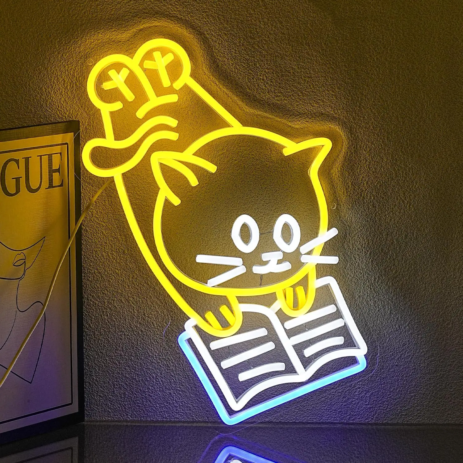 Cat Reading Book Neon Sign LED Reading Kitten Neon Lights Dimmable for Classroom Library Children Studying Room Bedroom Decor