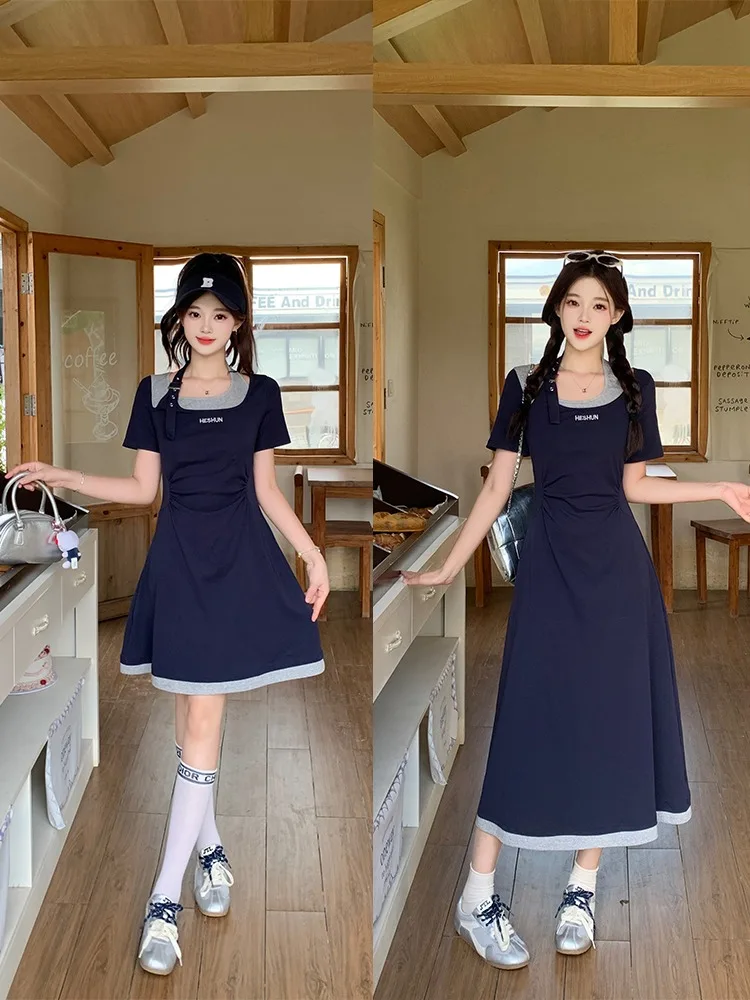 

Женское летнее платье Ele Neline Long Dr больших размеров, утягивающее, с завышенной талией, скрывающее живот, имитация двух частей, с коротким рукавом