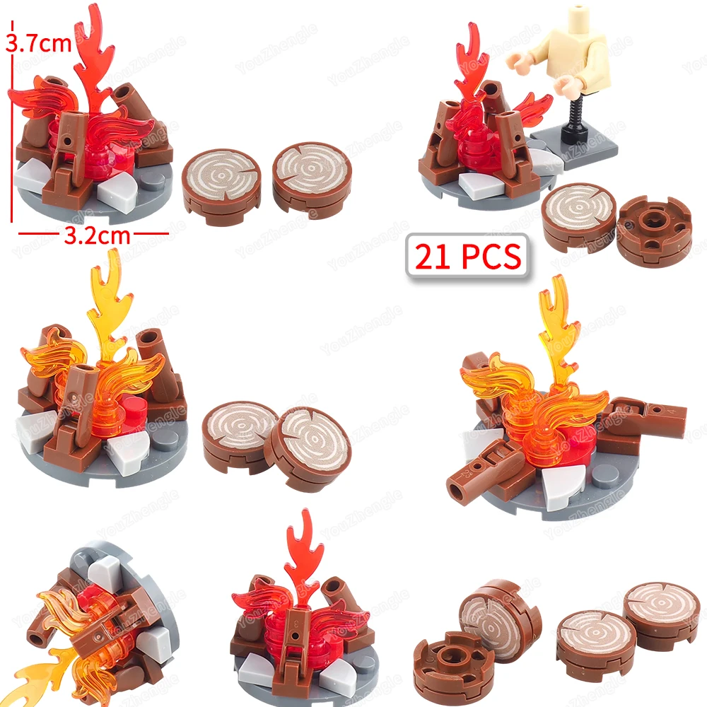 Miniatur Feuer Brennen Baustein Montage MOC Figuren Ausrüstung Camping Holz Stakes Stuhl Szene Passenden Modell Geschenk Junge Spielzeug