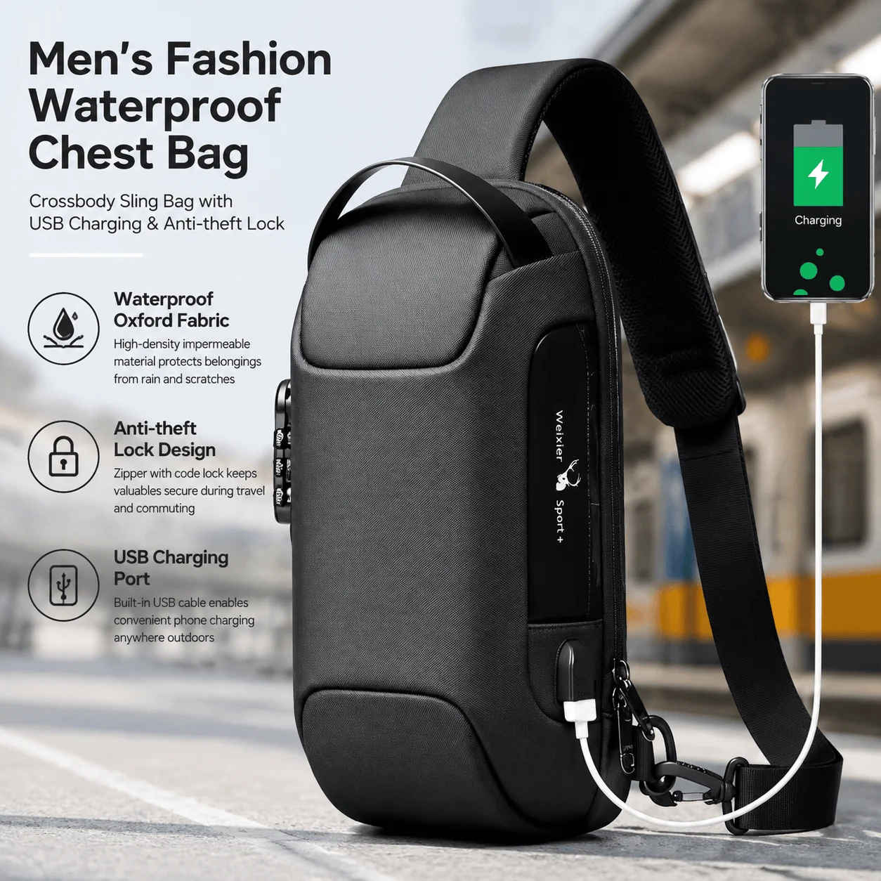 Sling Bag Men Anti Theft Chest Bag USB Charging Crossbody Waterproof Oxford Fabric Messenger Travel Daypack With Password Lock