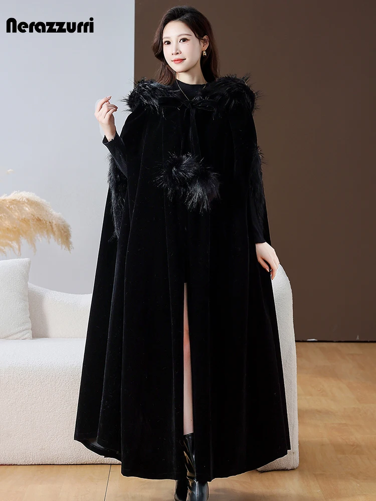 Nerazzurri Autumn Winter Extra Long Black Warm Velvet Cloak Women with Faux Fox Fur Trim Hood Luxury Maxi Goth Clothes 2023