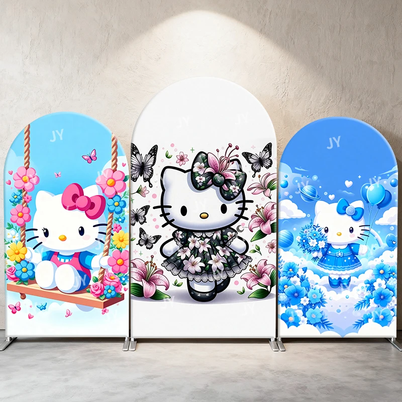 

Hello Kitty Arch Backdrop Cover Floral Dress Fresh Cute Cartoon Style Birthday and Baby Shower Photo Booth Decor