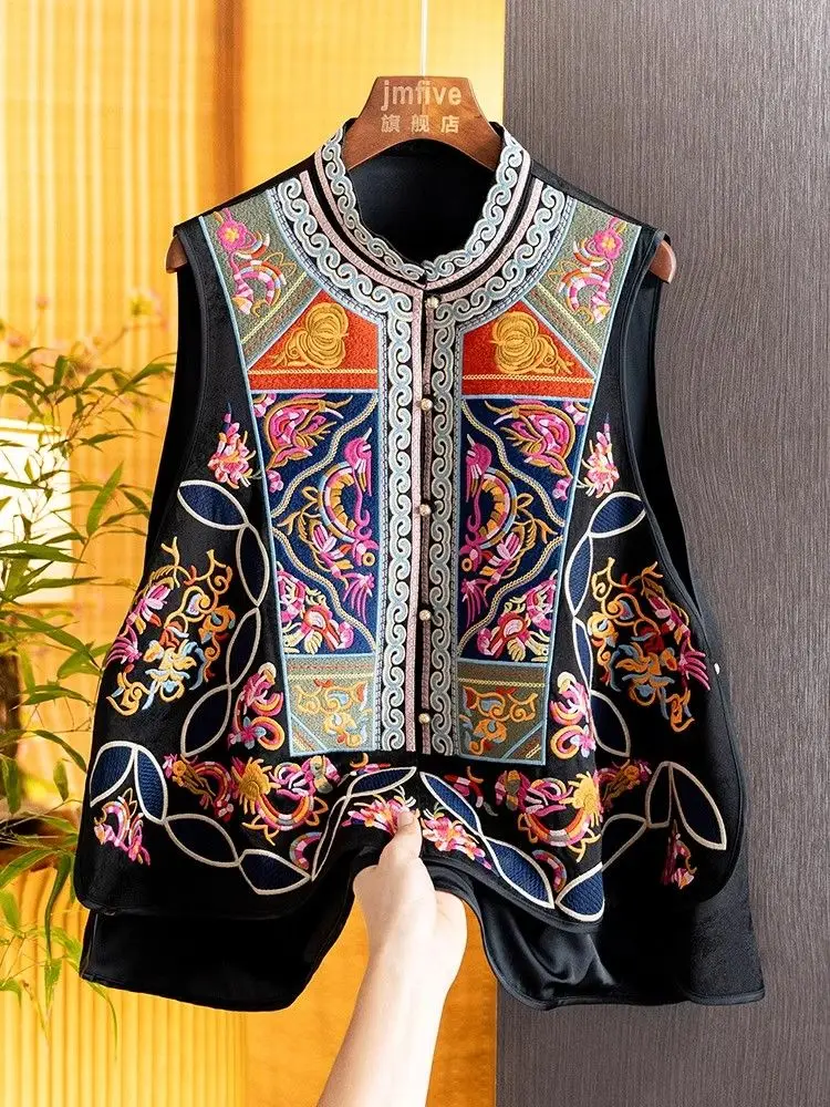 الحرير الساتان المطرزة سترة المرأة النمط الصيني Vintage سترة جاكار بلا أكمام بلوزات الرجعية الإناث الخريف موضة جديدة #2