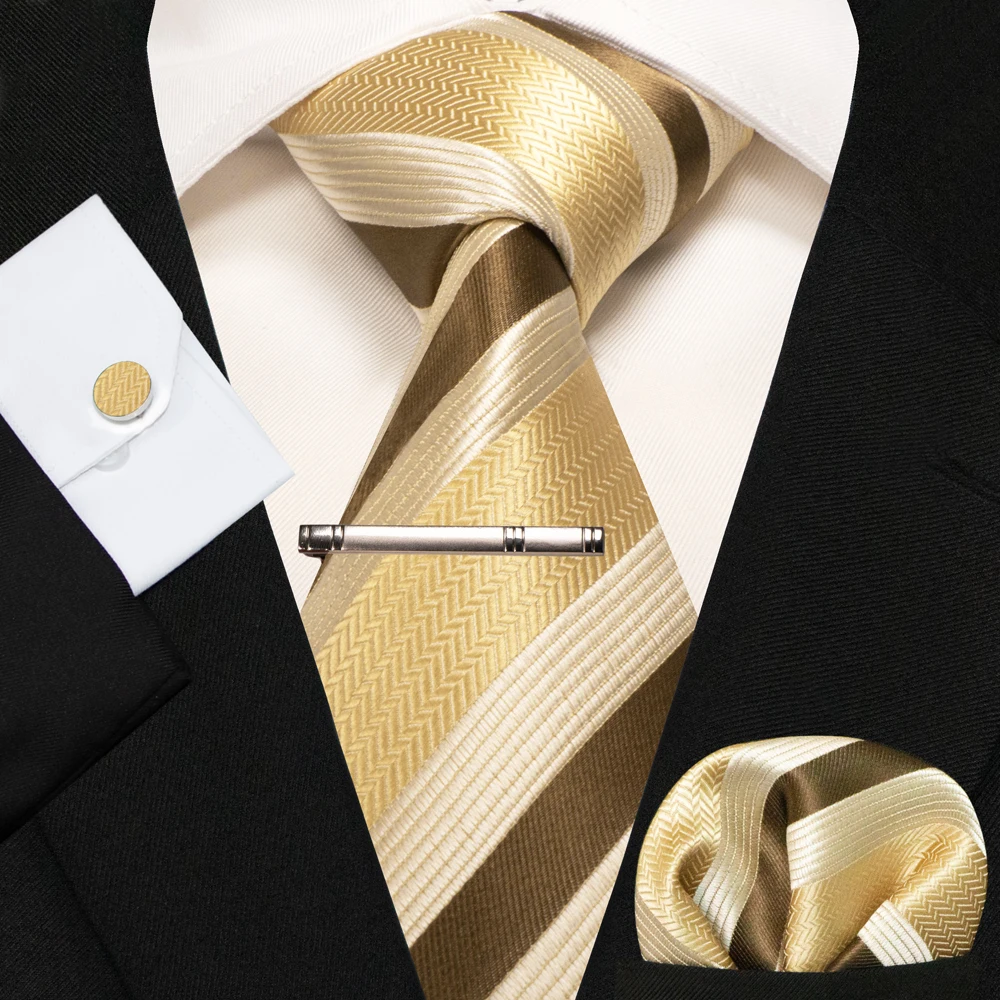 KAMBERFT Neue Klassische Seidenkrawatte für Herren Rot-Gold Gestreift Herrenkrawatte Taschentuch Manschettenknöpfe Set Hochzeit Business Party Gravatas – Detail 11