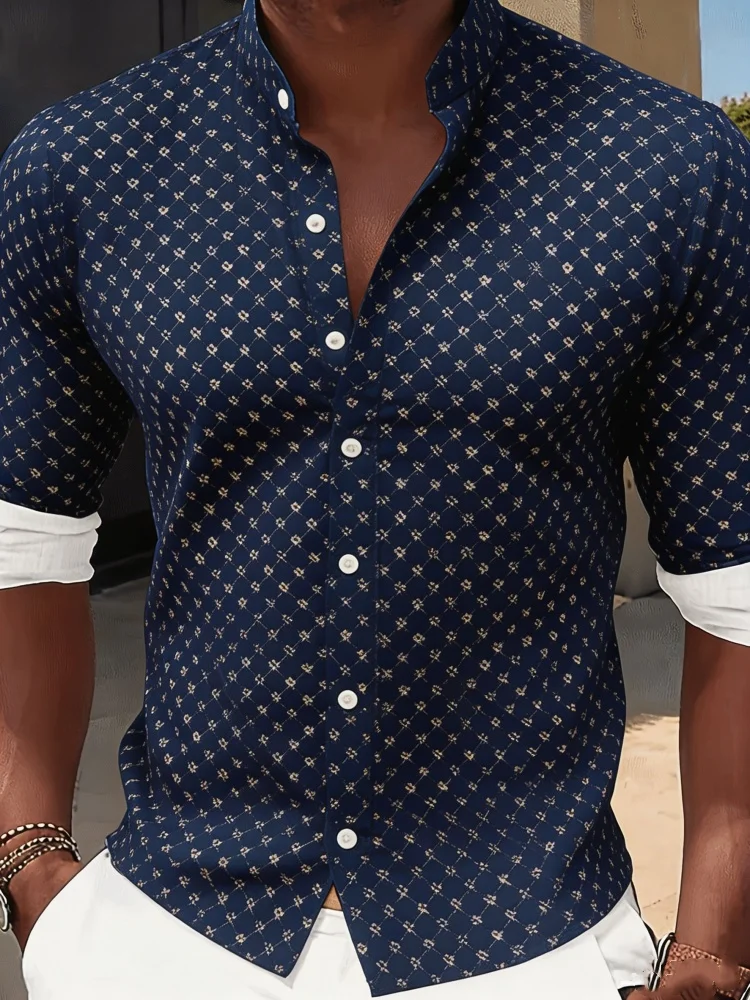

Mens Stylish Slim Fit Shirt Navy Blue Micro Floral Pattern Long Sleeve Plus Size Elegant Casual Resort Wear