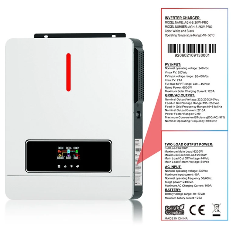 Imagem -06 - Inversor Hibrido Off Grid Ecgsolax Inversor Solar Híbrido de Onda Senoidal Pura 4.2kw 6.2kw 24v 48v 220vac Controlador Solar 120a Mppt pv Max 500vdc Inversor Solar Inversores Solar Híbrido