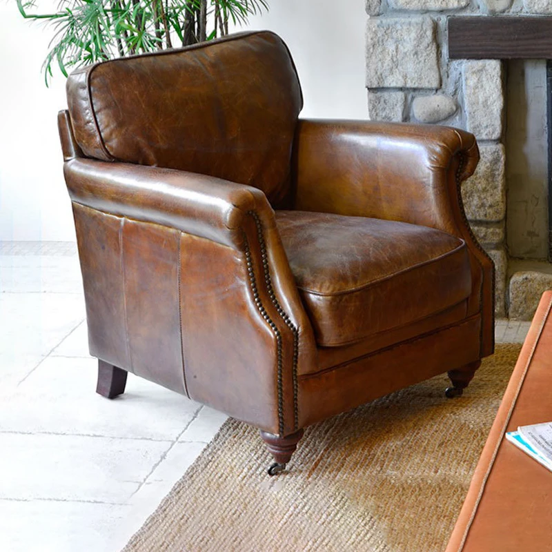 

Medieval style leisure chair American classic leather sofa oil wax leather French single chair retro solid wood single sofa chai