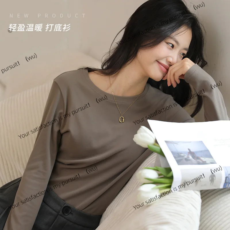 

Autumn and winter bulky velvet bottoming shirt women's inner crew neck top long sleeve T-shirt slim-fit semi-turtleneck