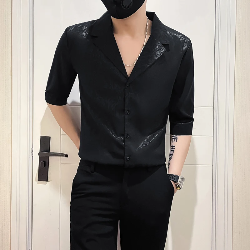 

Summer Striped Jacquard Men's Dress Shirts Retro Suit Collar Single-breasted Social Men Shirt Party Prom Slim Fit Mens Clothing