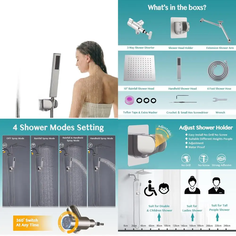 

Комплект из 10 предметов: душевая лейка из матового никеля с 4 режимами, ручной душ, режим паузы и шланг 71 дюйм