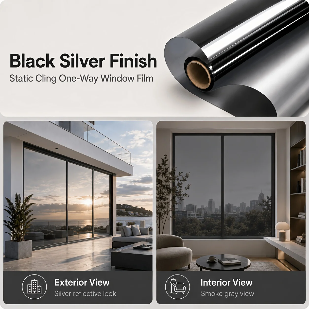 Daytime Silver Mirror Privacy Window Film Static Cling NoGlue Cut to Size Removable for Balcony Ceiling Window Office Glass Door