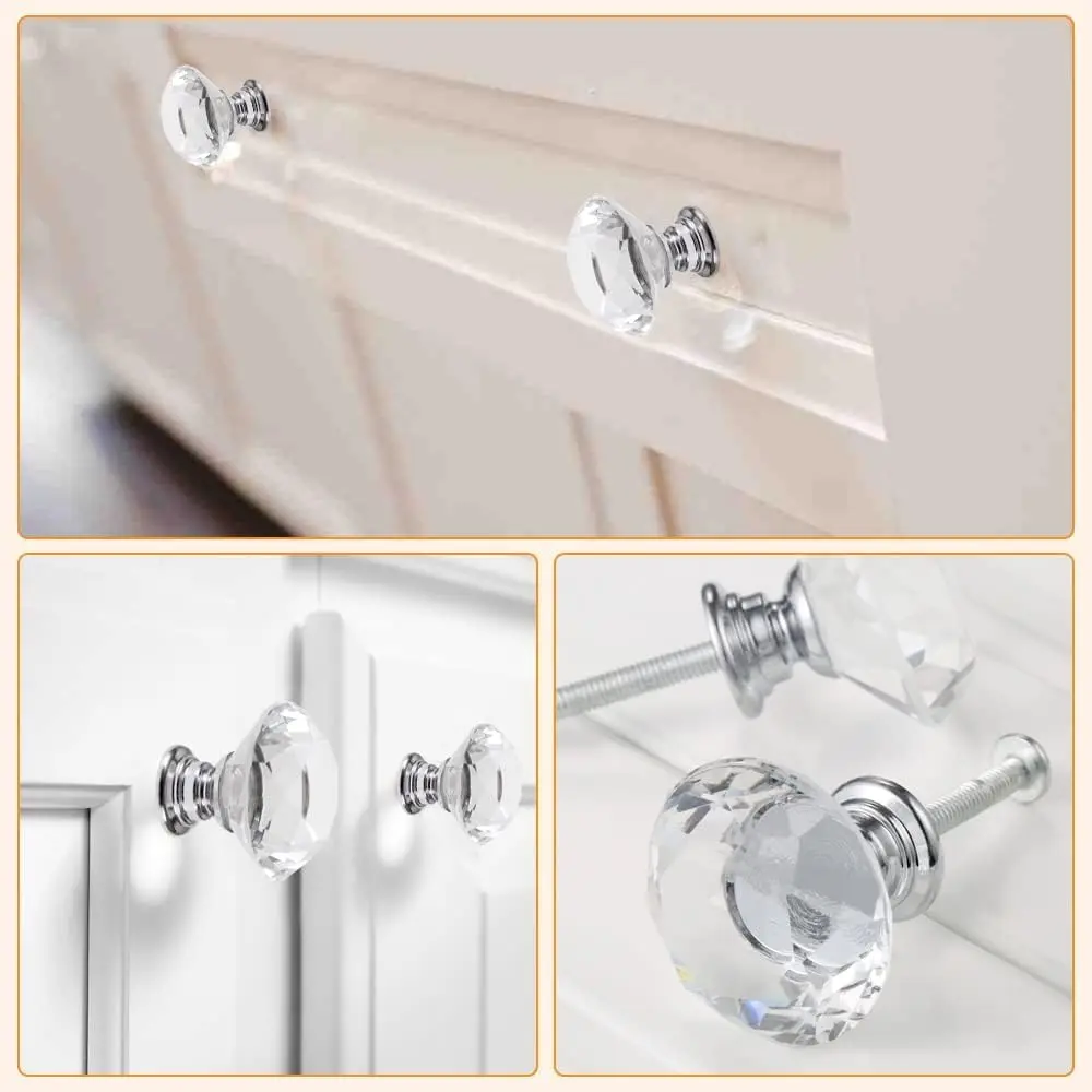 1PC 30mm Crystal Glass Knob Diamond Shape Pulls Clear Glass Drawer Handle for Closet Cabinet Kitchen Bathroom Cupboards Dresser