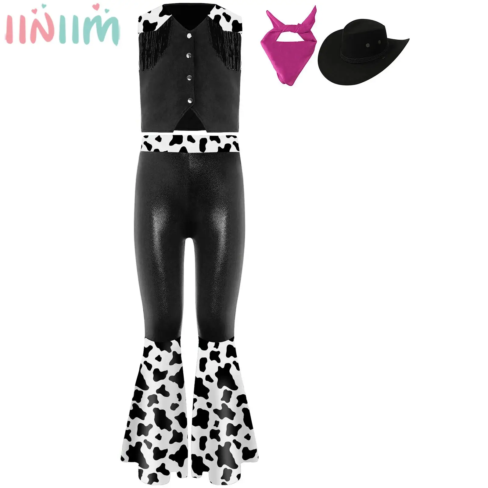 6-16Y Girls Halloween Party Western Cowgirl Cosplay Costume Fringes Vest Bell-Bottom Pants Disco Dance Stage Performance Clothes