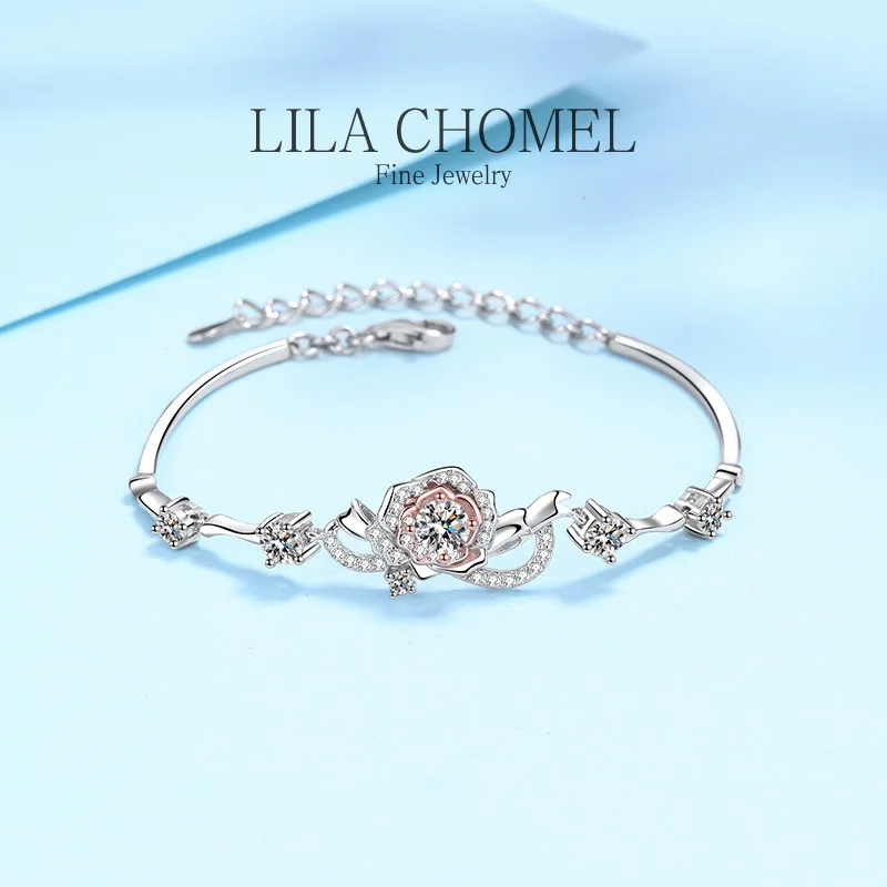 

Quality Platinum PT950 Luxury Fine Jewelry GRA Sparkling 1.4CT Real Moissanite Diamond rose flower Halo Bracelet for Women gift