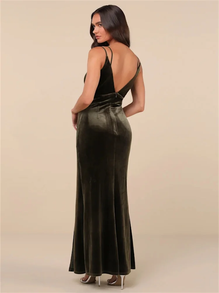 Customized Olive Green Velvet Backless Maxi Dress Sleeveless Deep V-neck V-back Chest Paneled Side Slit Mermaid Evening Gown