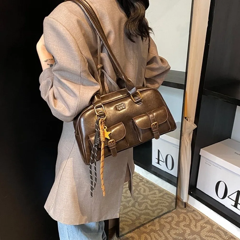 

Casual JK Leather Shoulder Bag Solid Color Handheld Bowling Bag Zipper Closure Multifunction Hobo Bag Gift