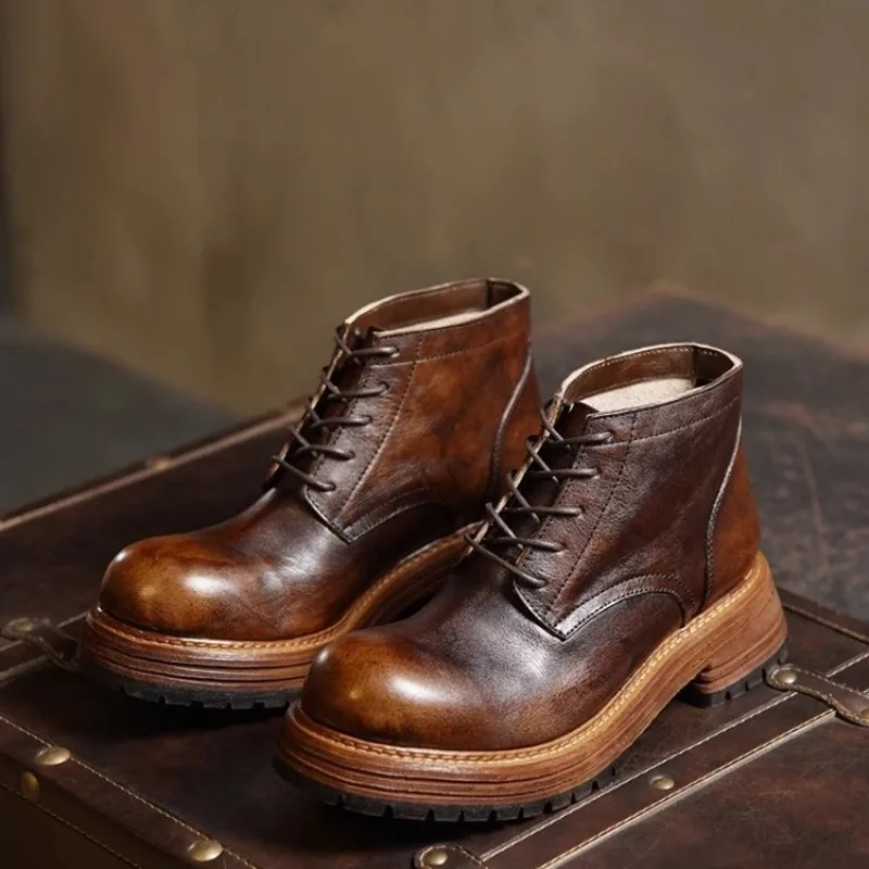 Fashion Chelsea Ankle Boots Men's High Top Round Toe Genuine Leather Thick Sole Outdoor Walking Work Shoes Male Motorcycle Boots