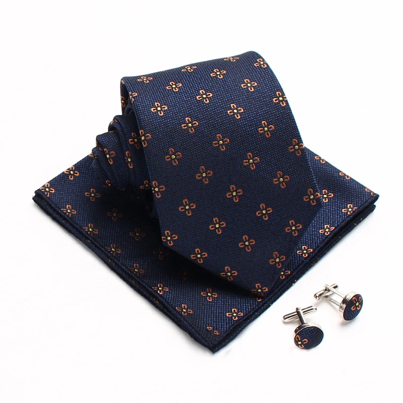 Conjunto de 3 piezas de corbatas florales para hombre, corbatas florales de color marrón marino, 8cm, moda de poliéster, informal, bolsillo cuadrado, 25cm, bufanda, gemelos, corbata